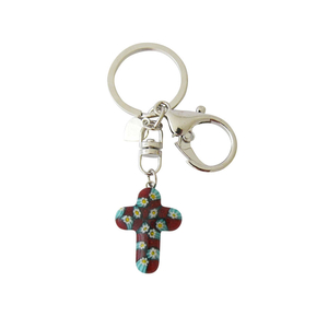 Schlüsselanhänger Motiv Kreuz aus Murano Glas rot türkis Blüten bunt ca. 9 cm