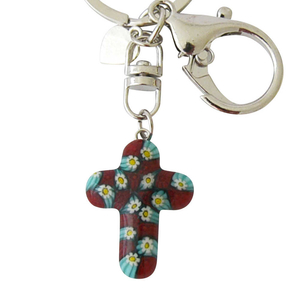 Schlüsselanhänger Motiv Kreuz aus Murano Glas rot türkis Blüten bunt ca. 9 cm