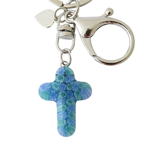 Schlüsselanhänger Motiv Kreuz aus Murano Glas hellblau Blüten grün ca. 9 cm