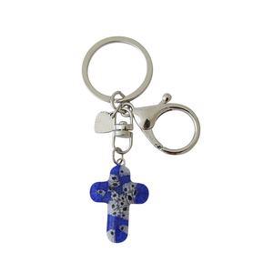Schlüsselanhänger Motiv Kreuz aus Murano Glas dunkelblau Blüten weiß ca. 9 cm