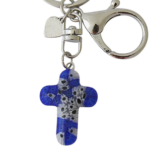 Schlüsselanhänger Motiv Kreuz aus Murano Glas dunkelblau Blüten weiß ca. 9 cm