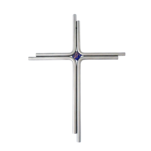 Edelstahlkreuz Wandkreuz modern silber matt 2 runde Balken versetzt mit Glasstein blau 17 x 12 cm