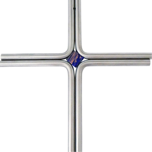 Edelstahlkreuz Wandkreuz modern silber matt 2 runde Balken versetzt mit Glasstein blau 17 x 12 cm