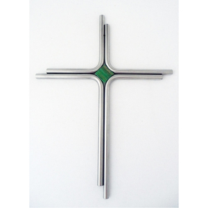 Edelstahlkreuz Wandkreuz modern silber matt 2 runde Balken versetzt mit Glasstein grün 27 x 20,5 cm