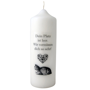 Katze mit Herz Trauerkerze wei - wir vermissen dich so sehr 15 x 6 cm wei - schwarz Tiertrauer
