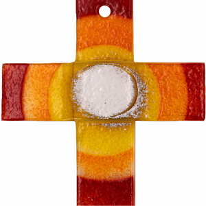 Glaskreuz modern Motiv Sonne rot - orange - gelb - weiß Handarbeit 20 x 11 cm