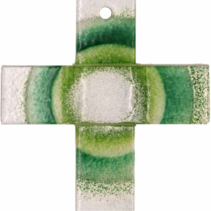 Glaskreuz modern Motiv Sonne grün - weiß Handarbeit 20 x 11 cm