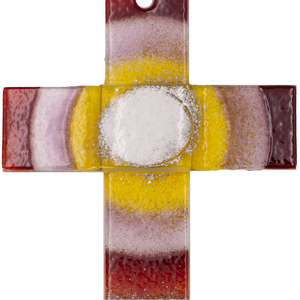 Glaskreuz modern Motiv Sonne bordeauxrot- rosa - gelb - weiß Handarbeit 20 x 11 cm
