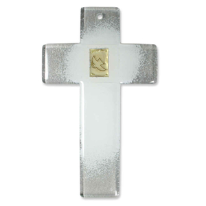 Glaskreuz weiß Friedenstaube auf Blattgold Auflage 20 x 12 cm