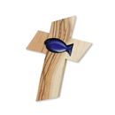 Wandkreuz Olivenholz Fisch blau 13 x 9 x 1 cm
