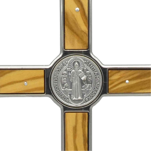 Wandkreuz Benediktus Metall mit Holzeinlage 20 x 10 cm