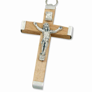 Rosenkranz Kreuz Holz natur mit Metalleinfassung 4,5 cm