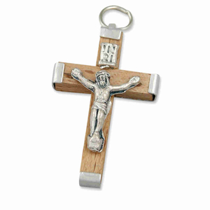 Rosenkranz Kreuz Holz natur mit Metalleinfassung 3,3 cm