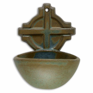 Keramik-Weihkessel handgetöpfert braun - blau 11,5 cm Weihwasserkessel