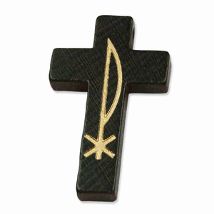 Rosenkranz Kreuz Holz braun mit goldfarbenem Christogramm 3,5 cm