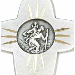 Autoplakette Heiliger Christophorus Kreuz Metall silberfarben 4,5 x 3,5  cm